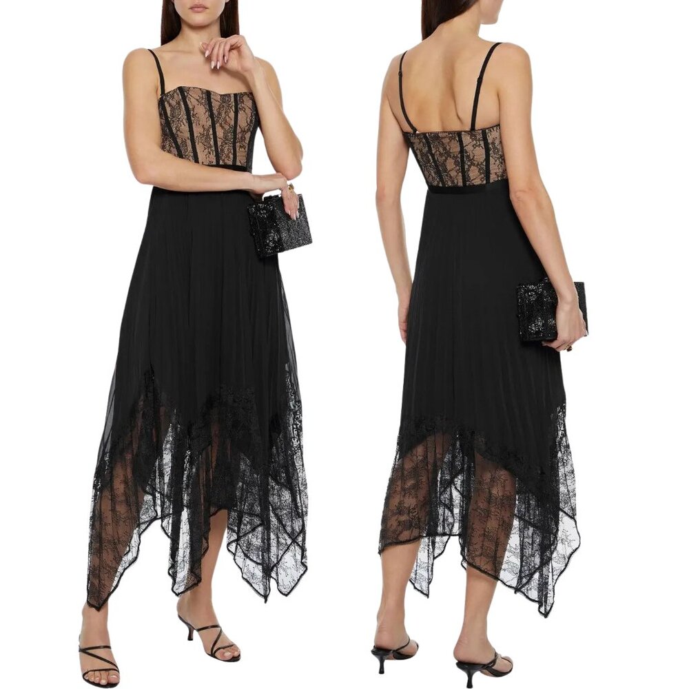 NWT Jonathan Simkhai Scarlett Lace Paneled Midi Dress Black Nude, Size 8 ($625)
